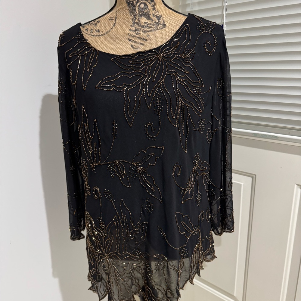 J Kara vintage Black and Gold Beaded Blouse size XL - 2X (it falls nicely)